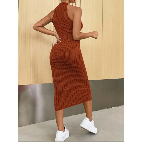 Minimalist Halter ribbed knot Bodycon midi Dress rust orange - Picture 2 of 12